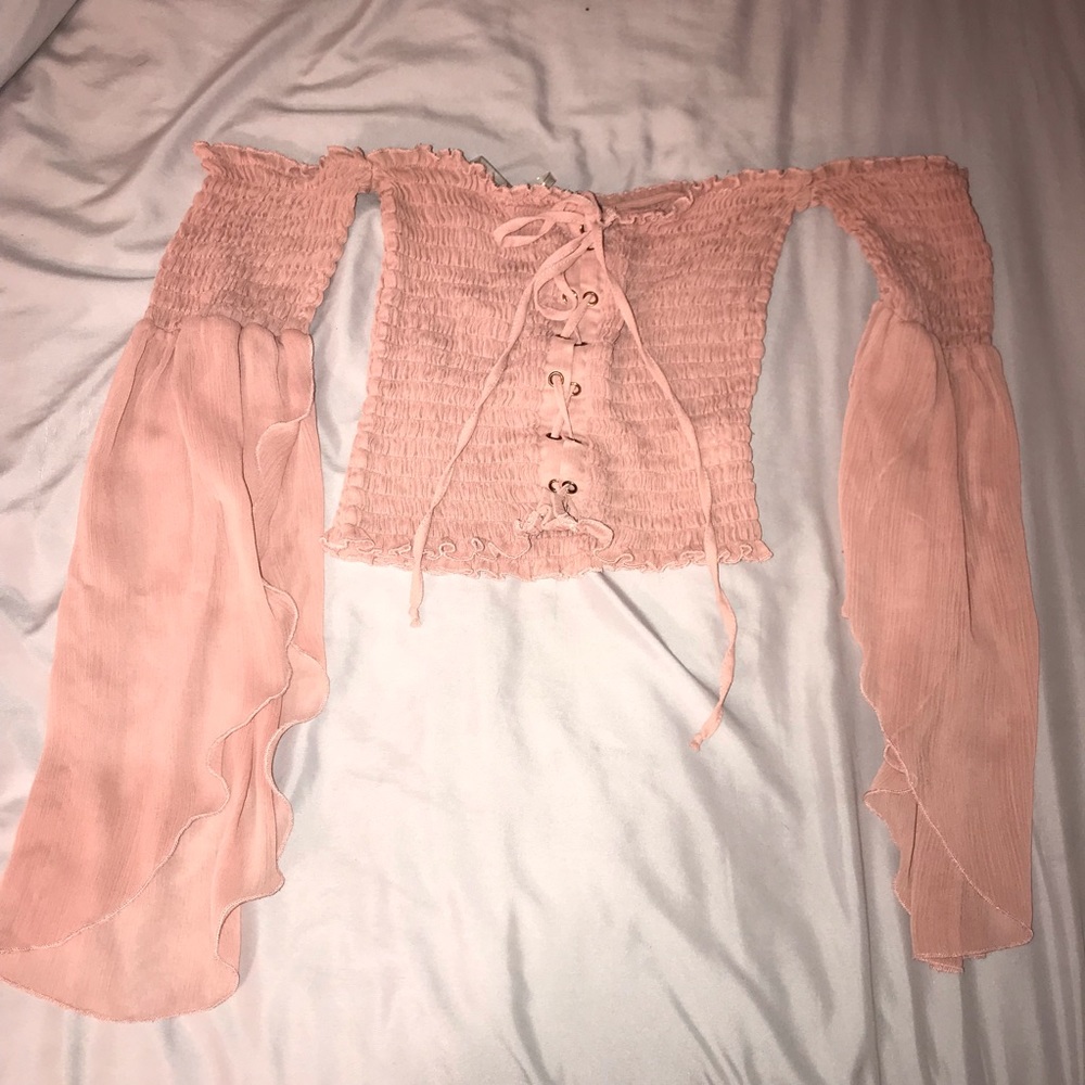 Blush pink off the shoulder scrunchie crop top